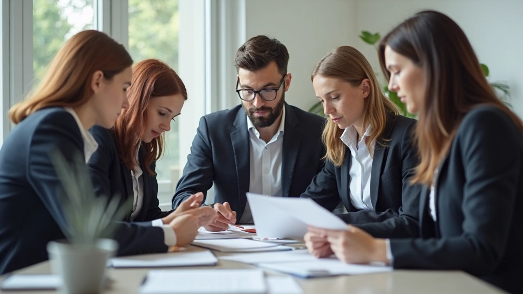 Professional team collaborating in modern office environment during strategic planning session