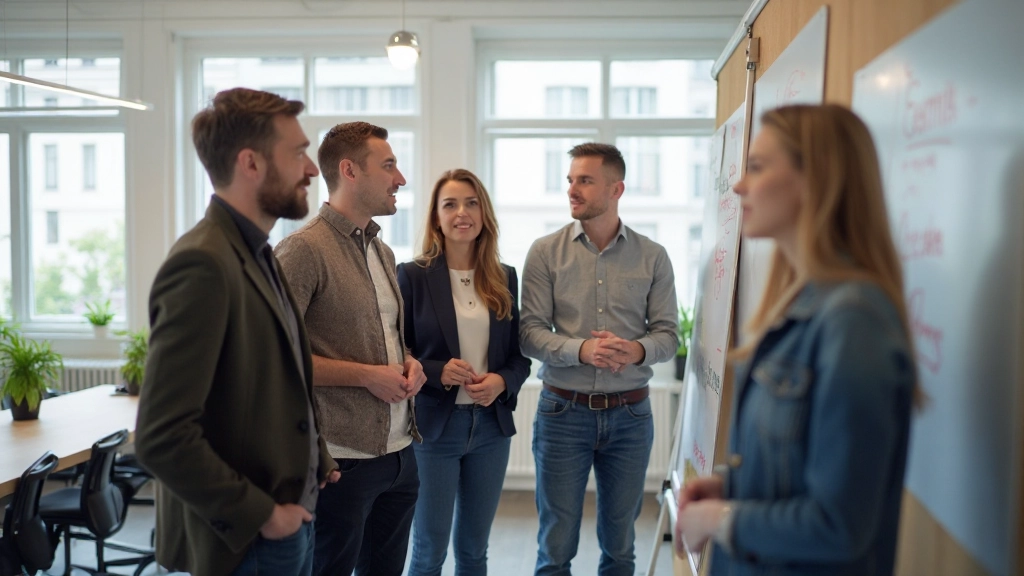 Diverse team members engaged in collaborative brainstorming session in modern creative workspace with bright natural lighting
