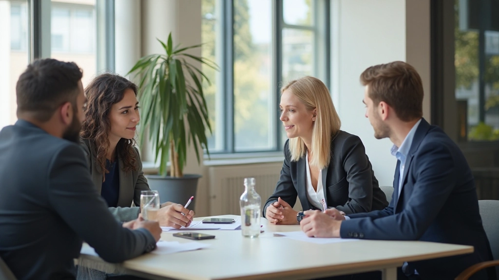 Professional team engaging in collaborative business skills training session with modern office environment