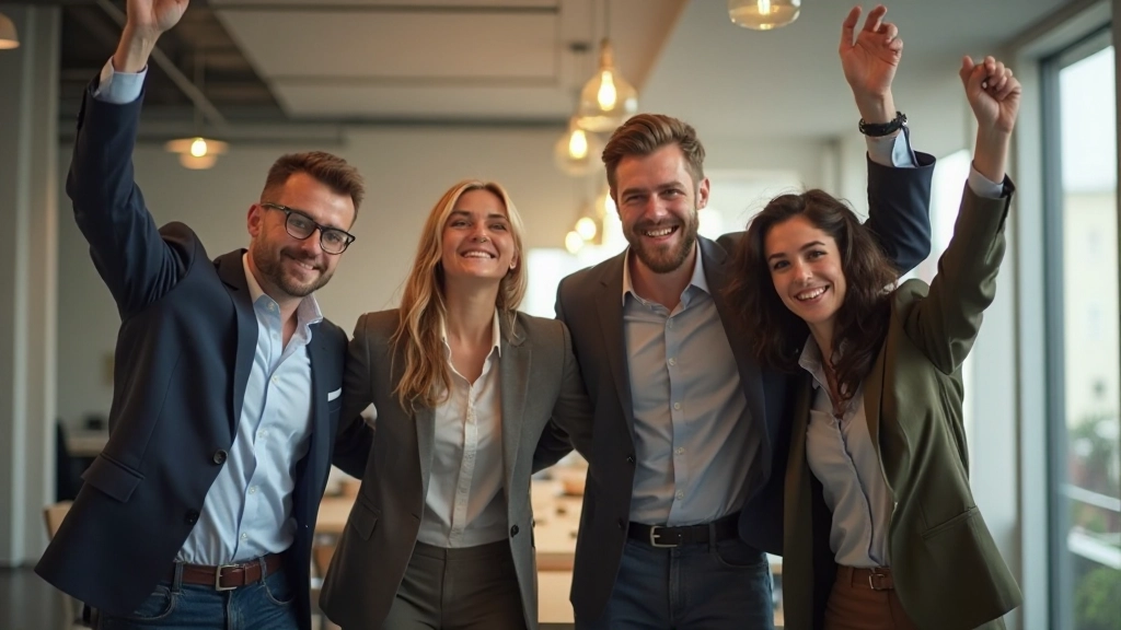 Successful team celebrating project completion and organizational transformation milestone