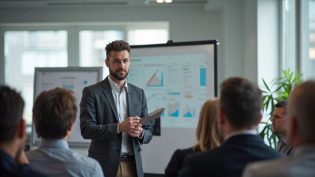 Corporate training session with professional facilitator teaching business communication and interpersonal skills