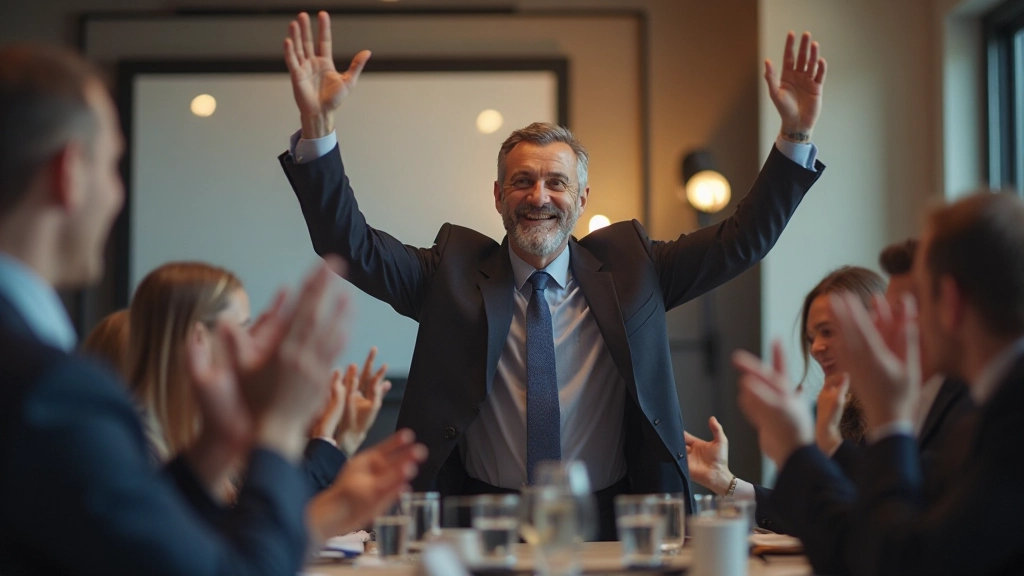 Successful manager celebrating team achievement during company meeting with engaged employees applauding in background