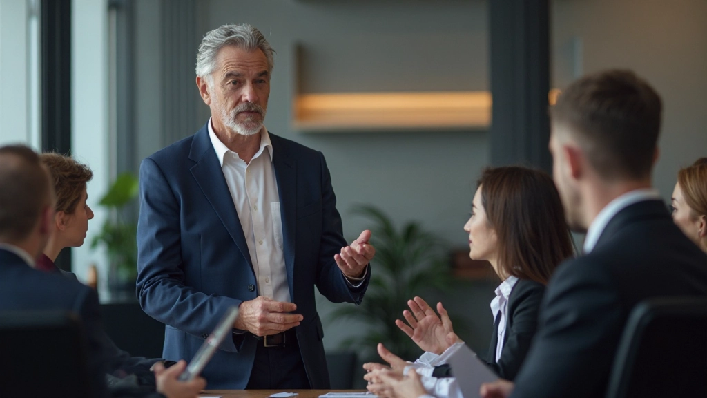 Professional HR consultant presenting strategy to management team in modern conference room