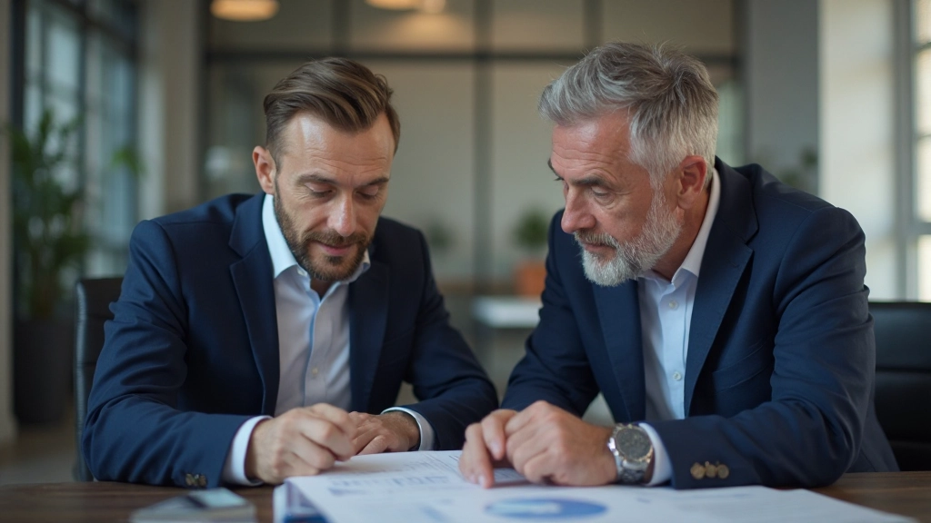 Executive coaching session between mentor and emerging leader in professional office setting